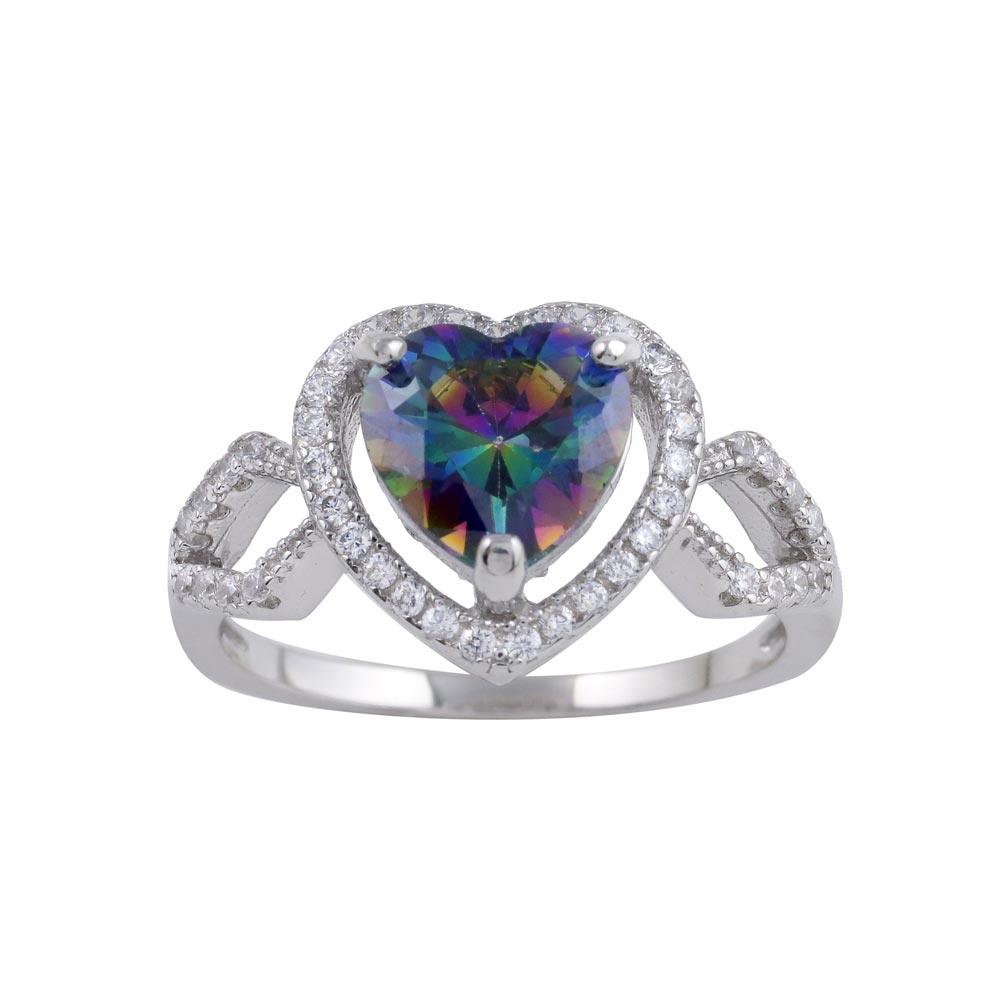 Rhodium Plated 925 Sterling Silver Halo Heart Mystic Topaz CZ Ring Sizes 5-9