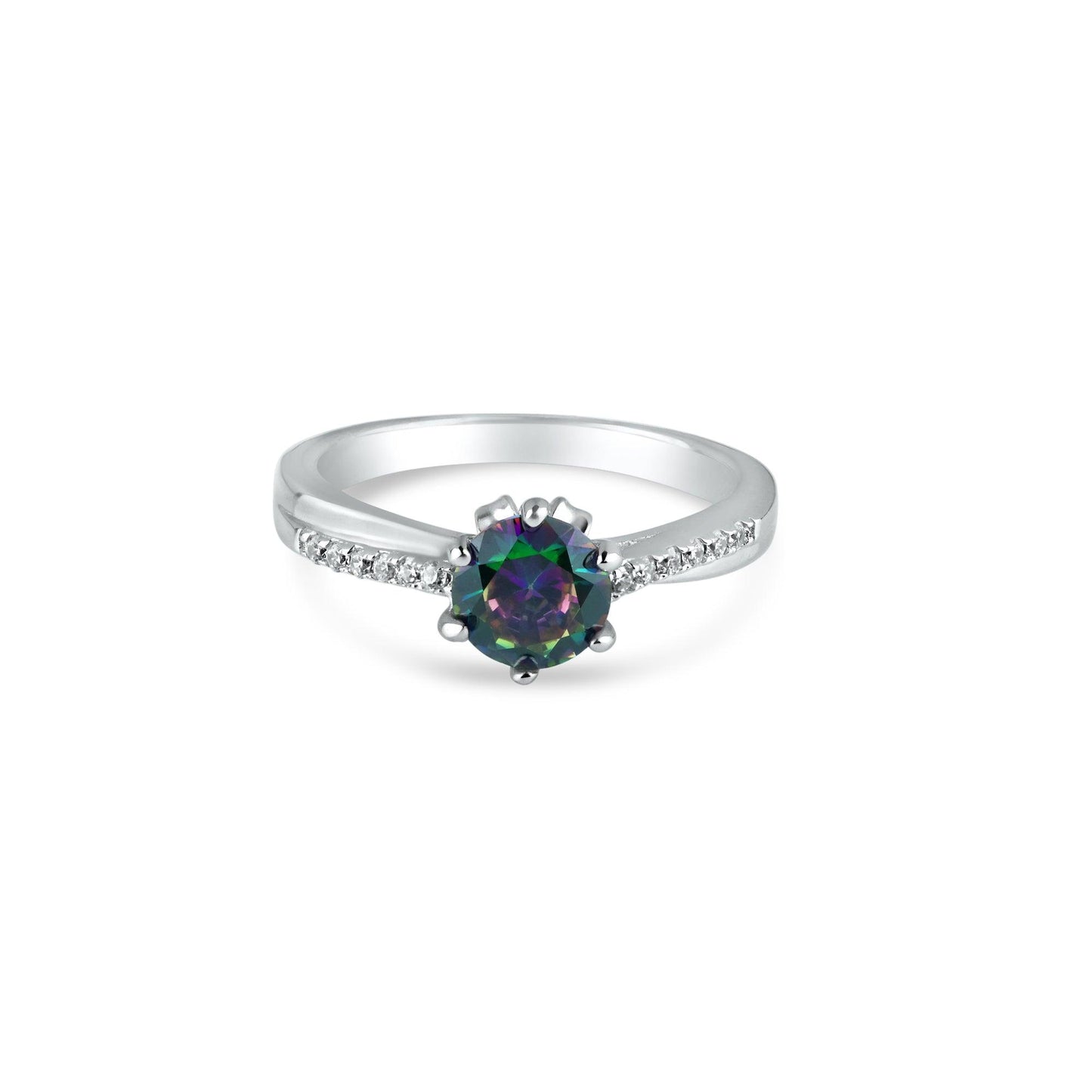 Rhodium Plated 925 Sterling Silver Round Mystic Topaz CZ Ring Band Sizes 5-9