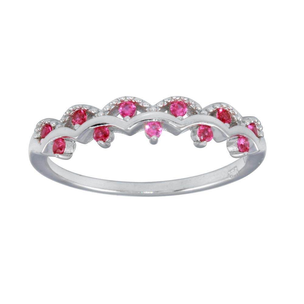 High Polished Rhodium Plated 925 Sterling Silver Wavy Ring Red CZ Band Sizes 5-9