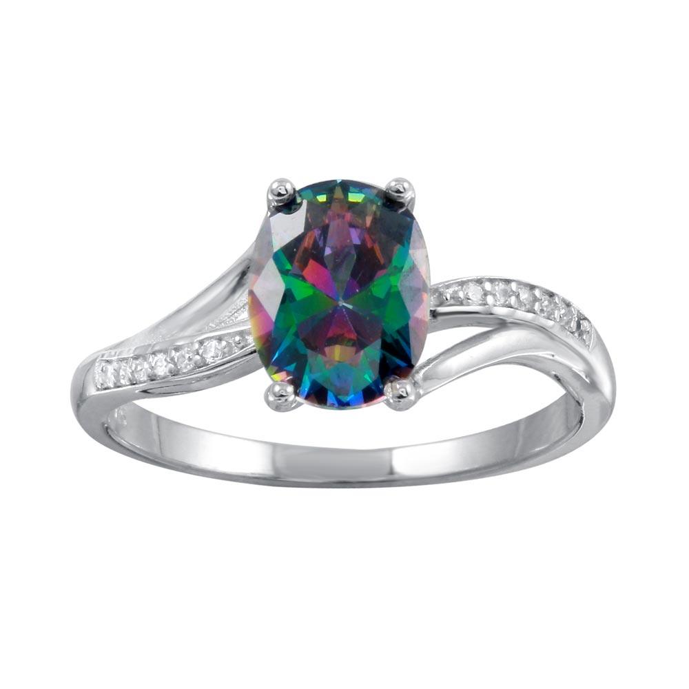 Rhodium Plated 925 Sterling Silver Oval Mystic Topaz CZ Ring Band Sizes 5-9