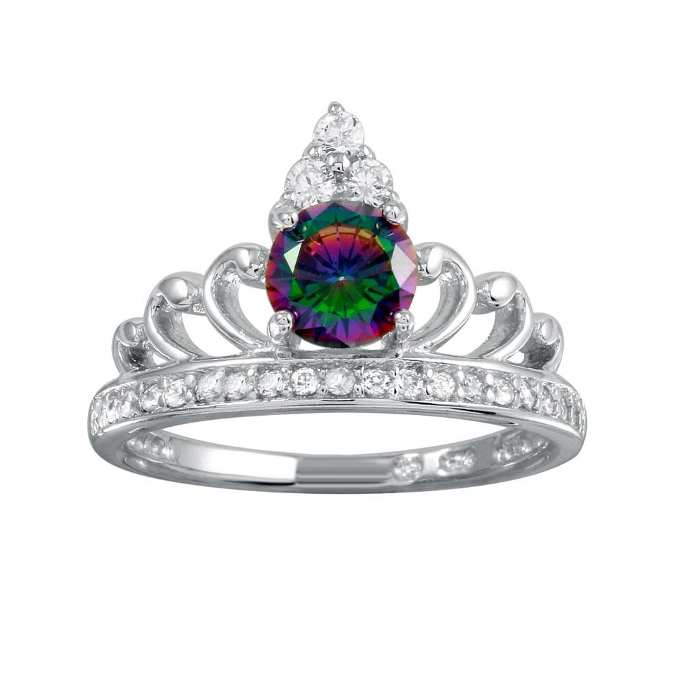 Rhodium Plated 925 Sterling Silver Crown Mystic Topaz CZ Band Ring Sizes 5-9