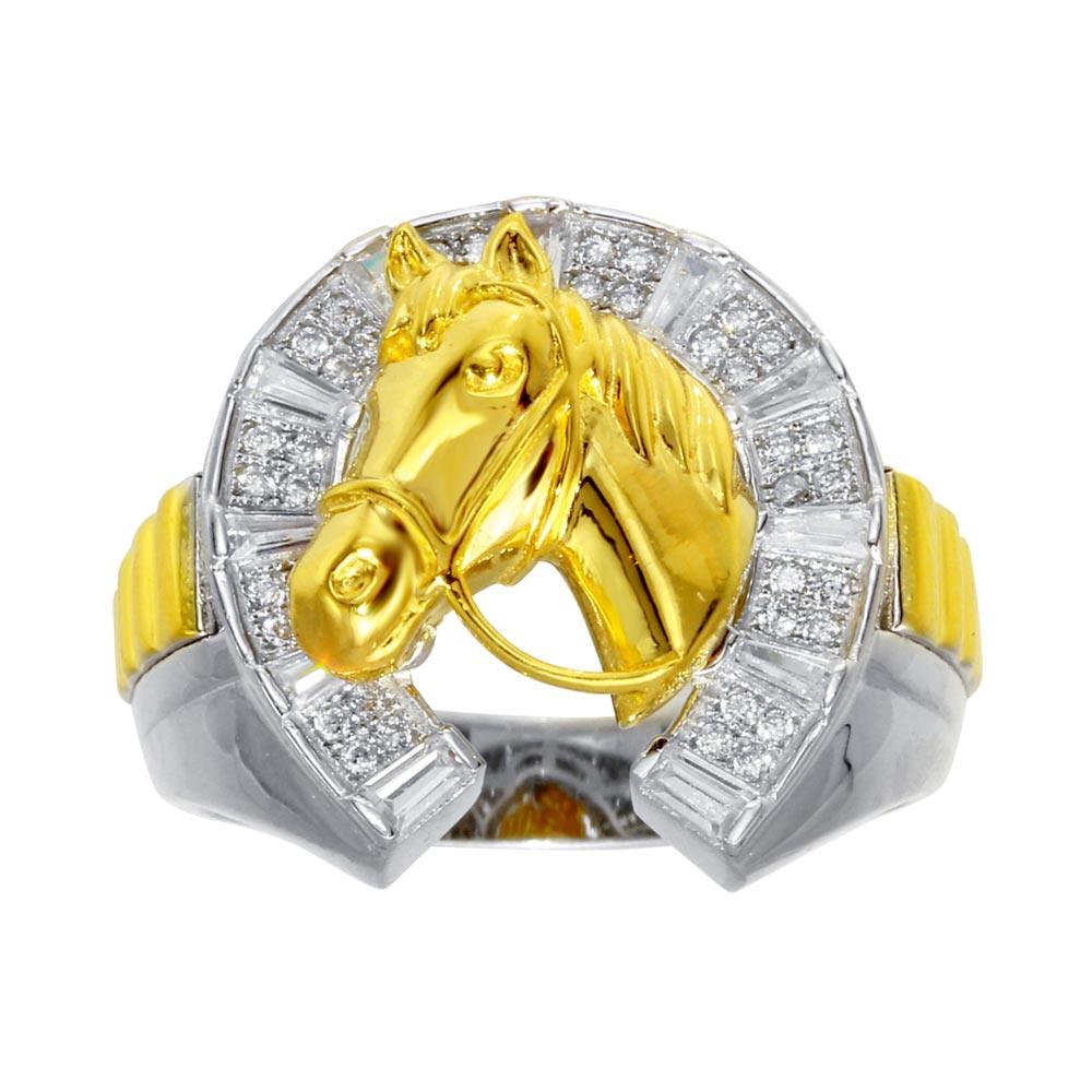 Two-Tone Sterling Silver 925 Clear CZ Horseshoe Horse Band Ring Sizes 9-12