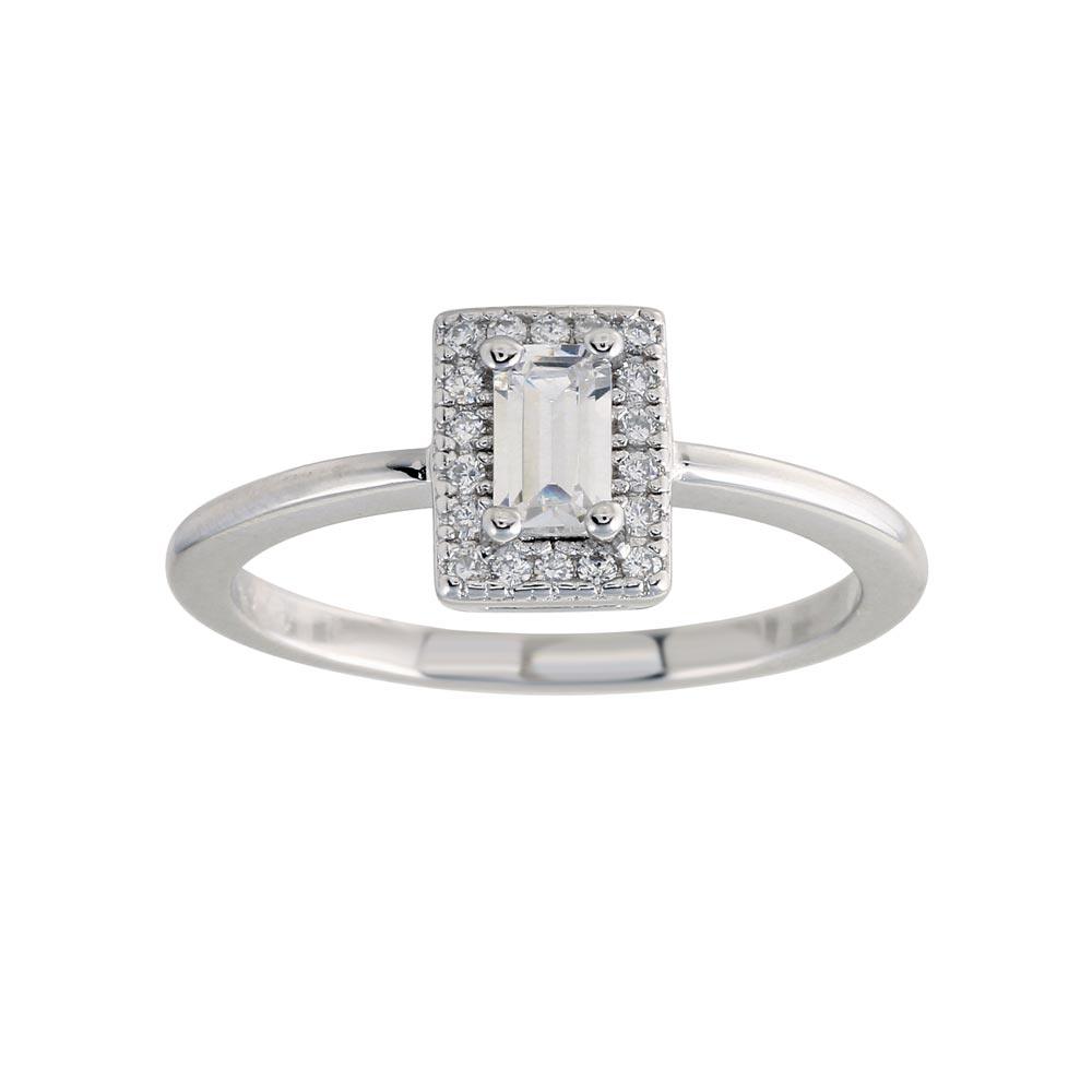 Rhodium Plated 925 Sterling Silver Baguette Halo Clear CZ Ring Sizes 5-9