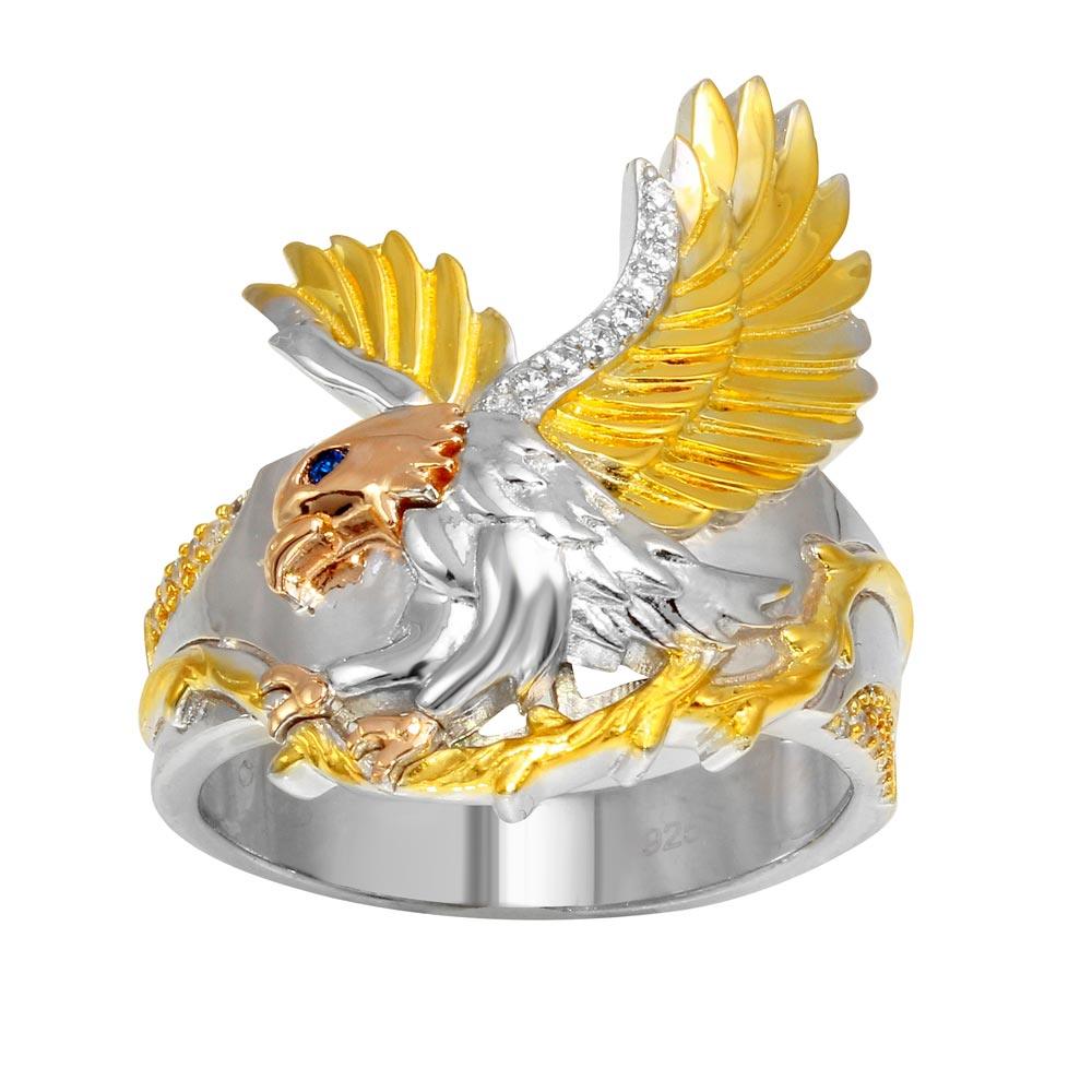 Rose Gold Plated Sterling Silver .925 Men's Blue Clear CZ Eagle Ring Sizes 9-12