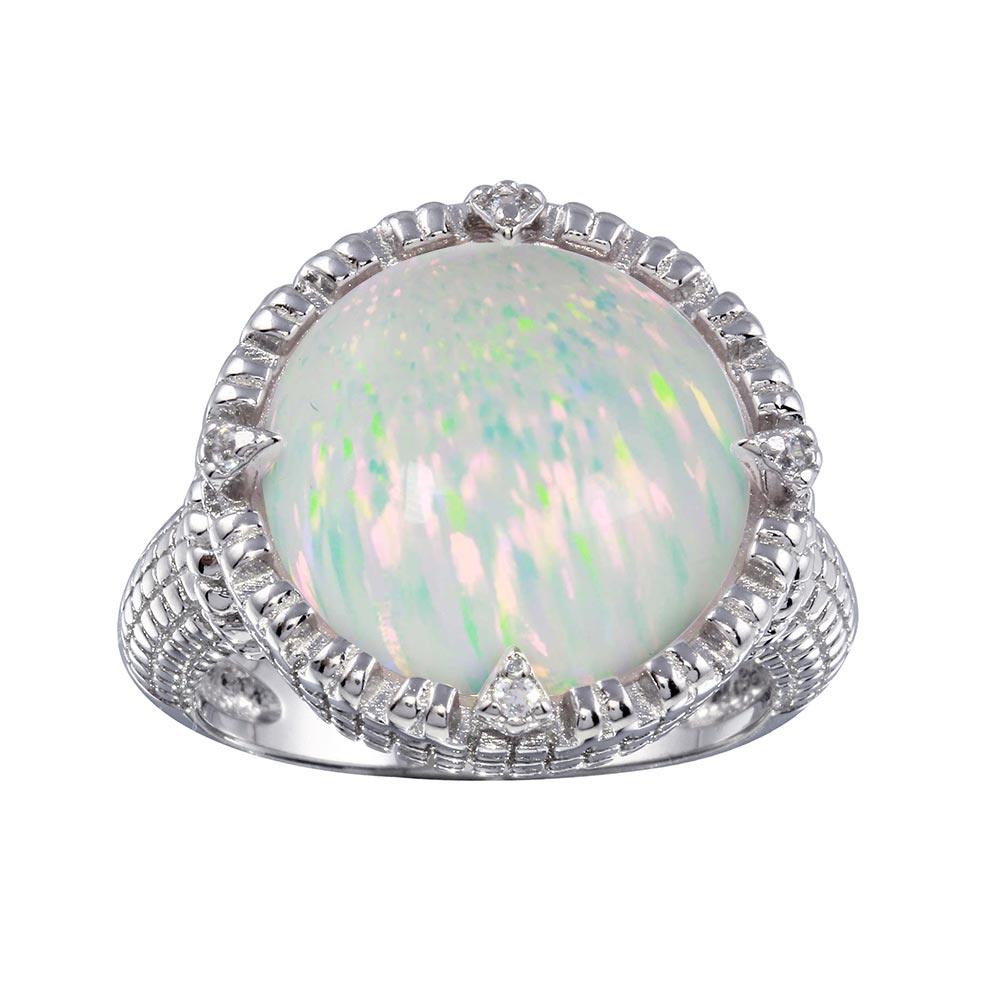 Rhodium Plated 925 Sterling Silver Round Synthetic Opal Ring with CZ Sizes 5-9