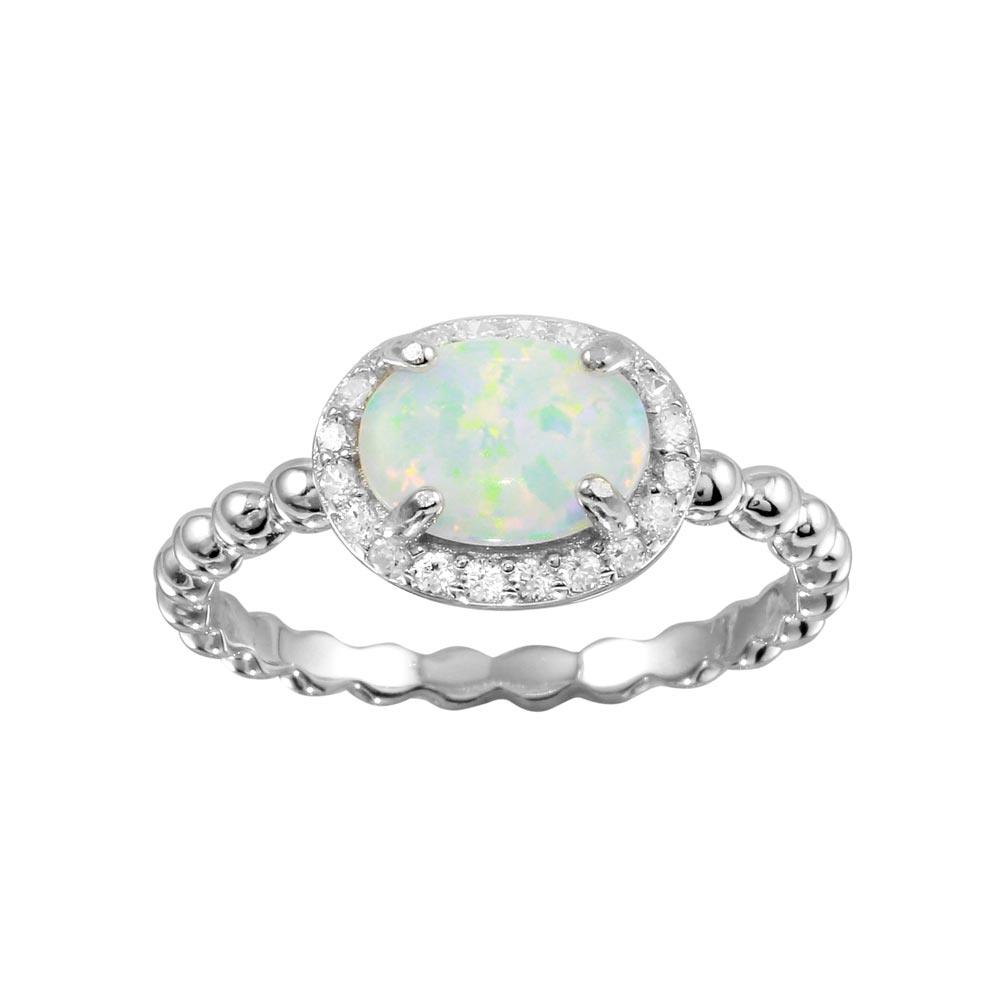 Rhodium Plated 925 Sterling Silver Oval Halo Synthetic Opal CZ Ring Sizes 5-9
