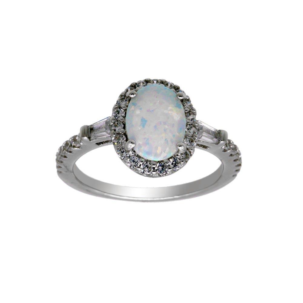 Rhodium Plated 925 Sterling Silver Oval Halo Synthetic Opal CZ Ring Sizes 5-9