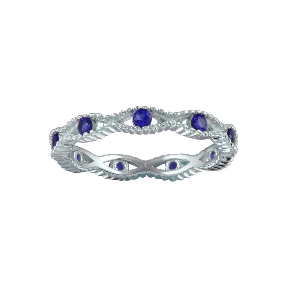 Rhodium Plated 925 Sterling Silver Intersecting Waves Blue CZ Ring Sizes 5-9