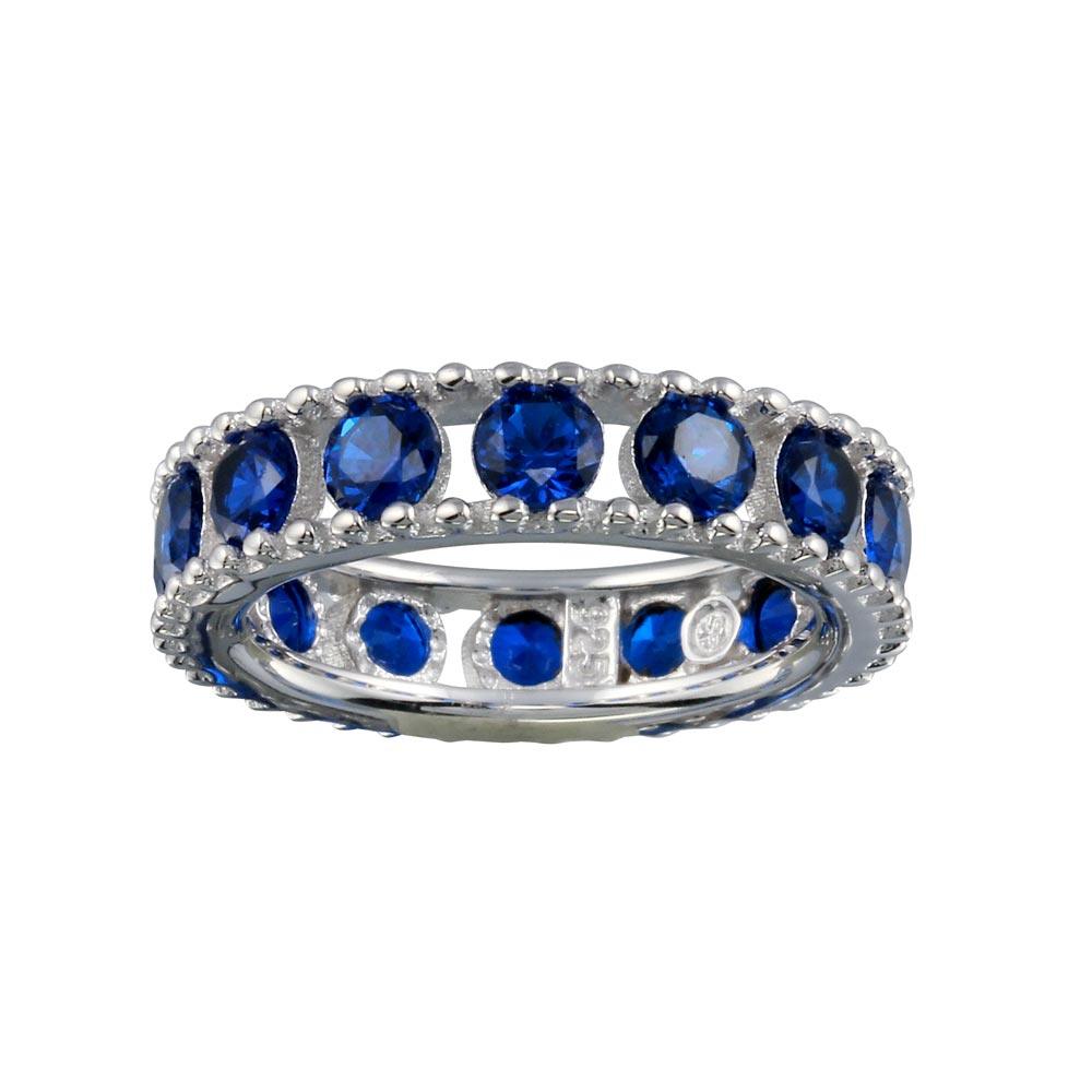 Polished Rhodium Plated 925 Sterling Silver Blue CZ Eternity Band Ring Sizes 5-9