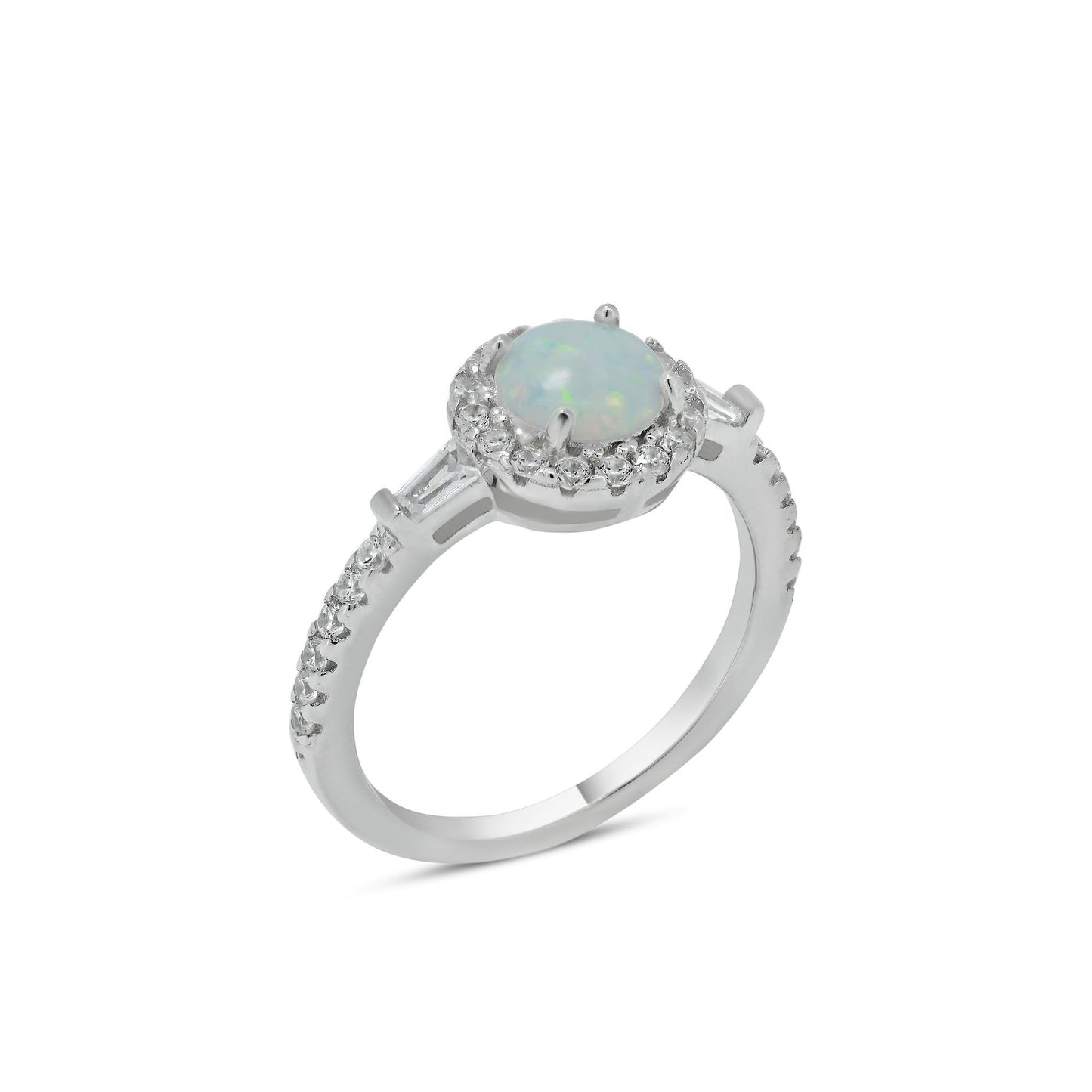 Rhodium Plated 925 Sterling Silver Round Halo Synthetic Opal CZ Ring Sizes 5-9