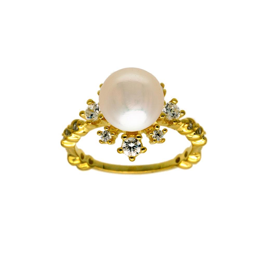 Gold Plated 925 Sterling Silver White Simulated Pearl Flower Ring CZ Sizes 5-9