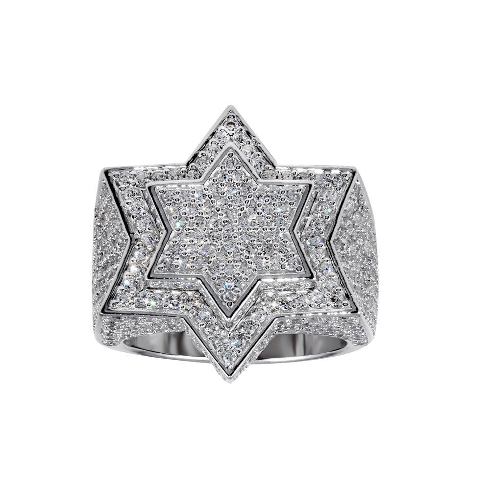 Rhodium Plated 925 Sterling Silver Jewish Star of David CZ Ring Band Sizes 8-12