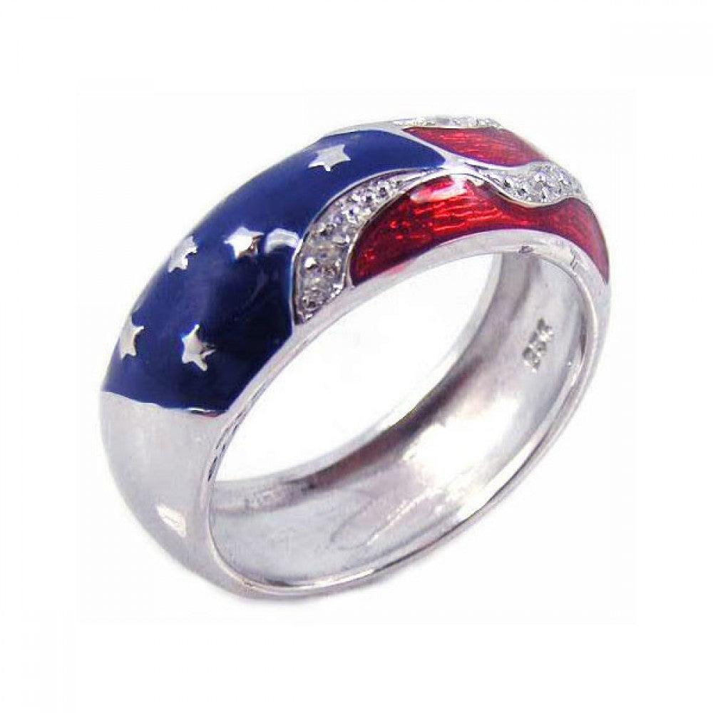Sterling Silver Rhodium Plated Enamel Old Glory CZ American Flag Ring Sizes 5-10