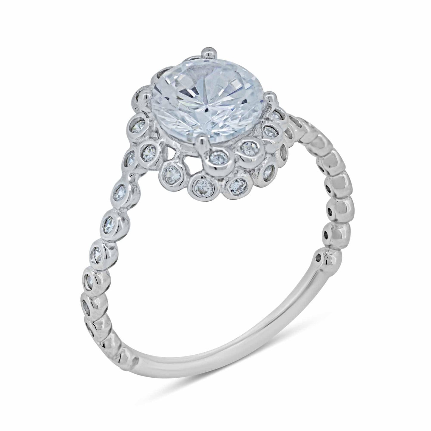 Sterling Silver 925 Rhodium Plated Bubble Shank Round Clear CZ Ring Sizes 5-9