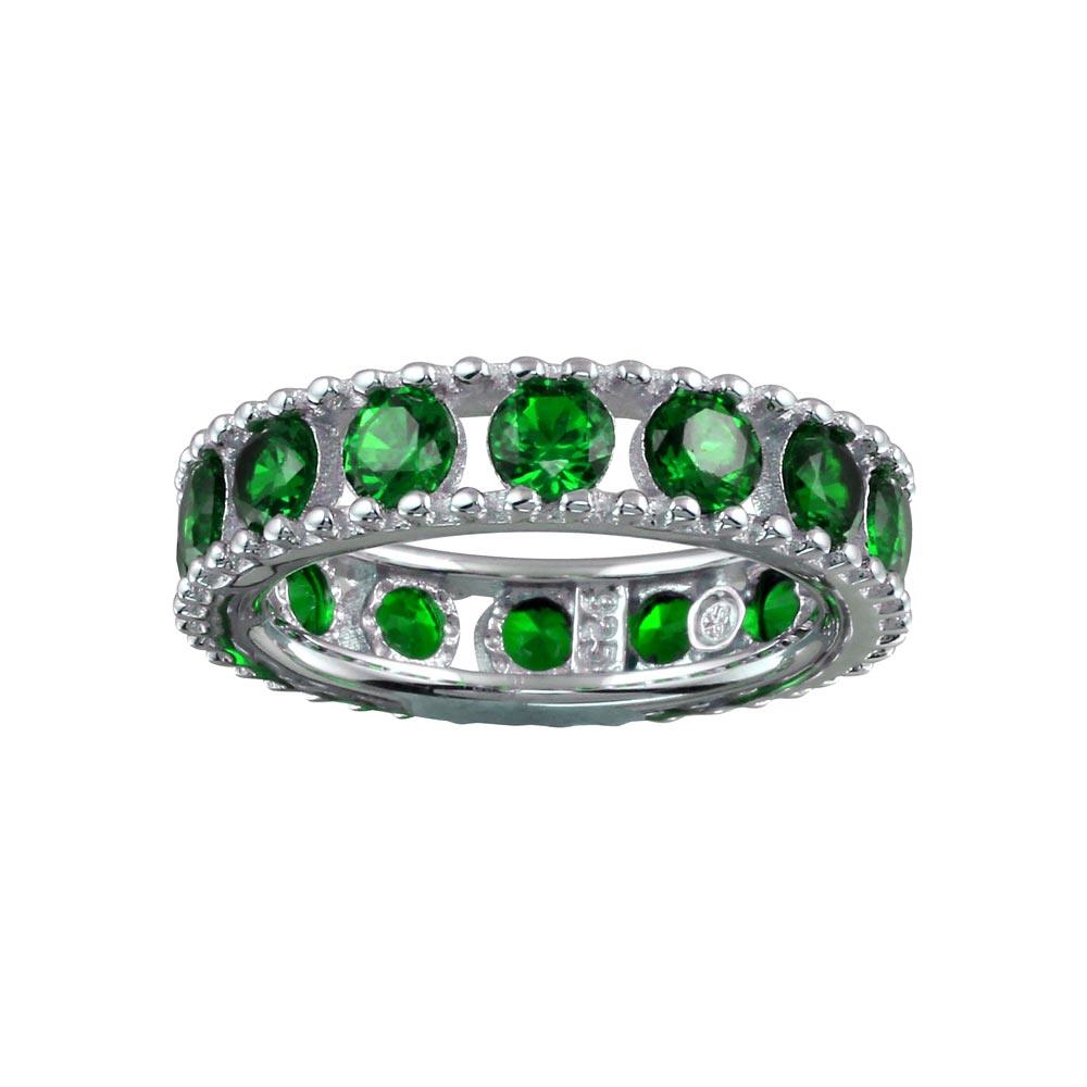 Polished Rhodium Plated 925 Sterling Silver Ring Round Green CZ Band Sizes 5-9