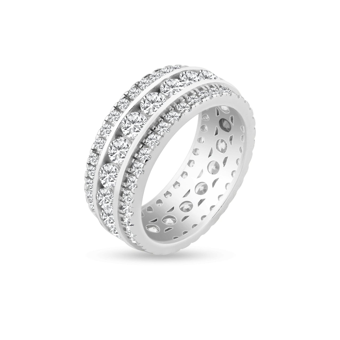 Sterling Silver Rhodium Plated Clear CZ Eternity Channel Ring Band Sizes 5-10