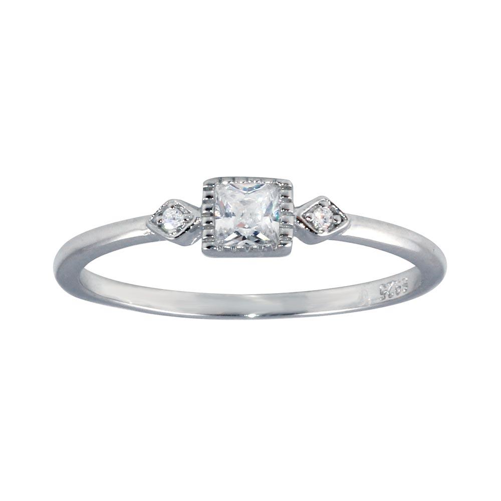 Rhodium Plated 925 Sterling Silver Square CZ Center Ring Band Sizes 5-9