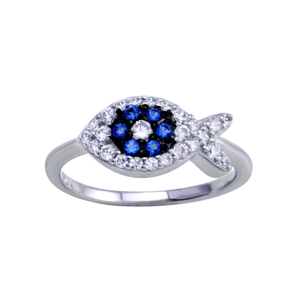Rhodium Plated 925 Sterling Silver Blue CZ Christian Fish Ichthys Ring Sizes 5-9
