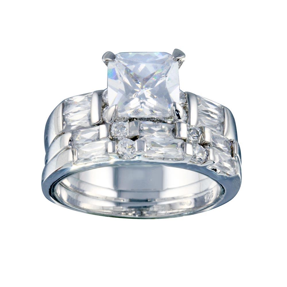 Rhodium Plated 925 Sterling Silver Clear Baguette CZ Bridal Ring Set Sizes 5-9