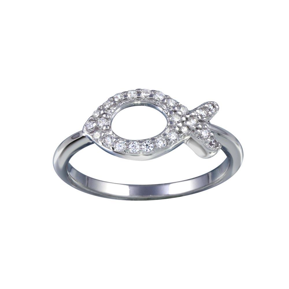 Rhodium Plated 925 Sterling Silver Ichthys CZ Fish Christian Ring Band Sizes 5-9
