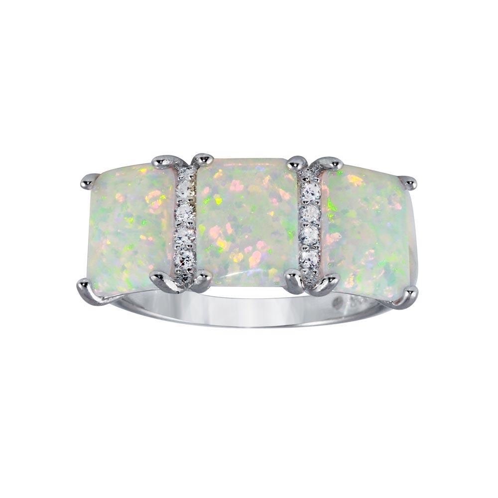 Rhodium Plated 925 Sterling Silver Triple Synthetic Opal CZ Ring Band Sizes 5-9