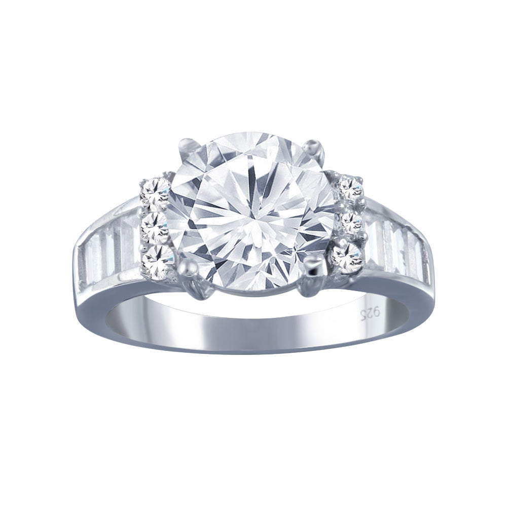Rhodium Plated 925 Sterling Silver Clear Baguette Round CZ Bridal Ring Sizes 5-9