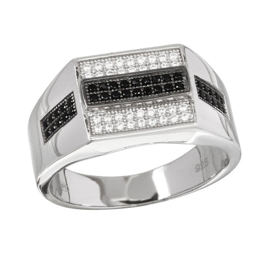 Rhodium Plated 925 Sterling Silver Rectangle Black & Clear CZ Ring Sizes 9-12