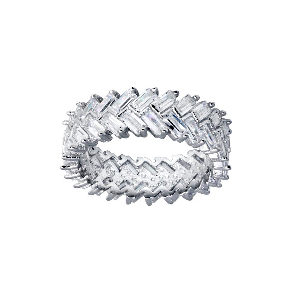 Rhodium Plated 925 Sterling Silver Baguette CZ Ring High Polished Band Sizes 5-9