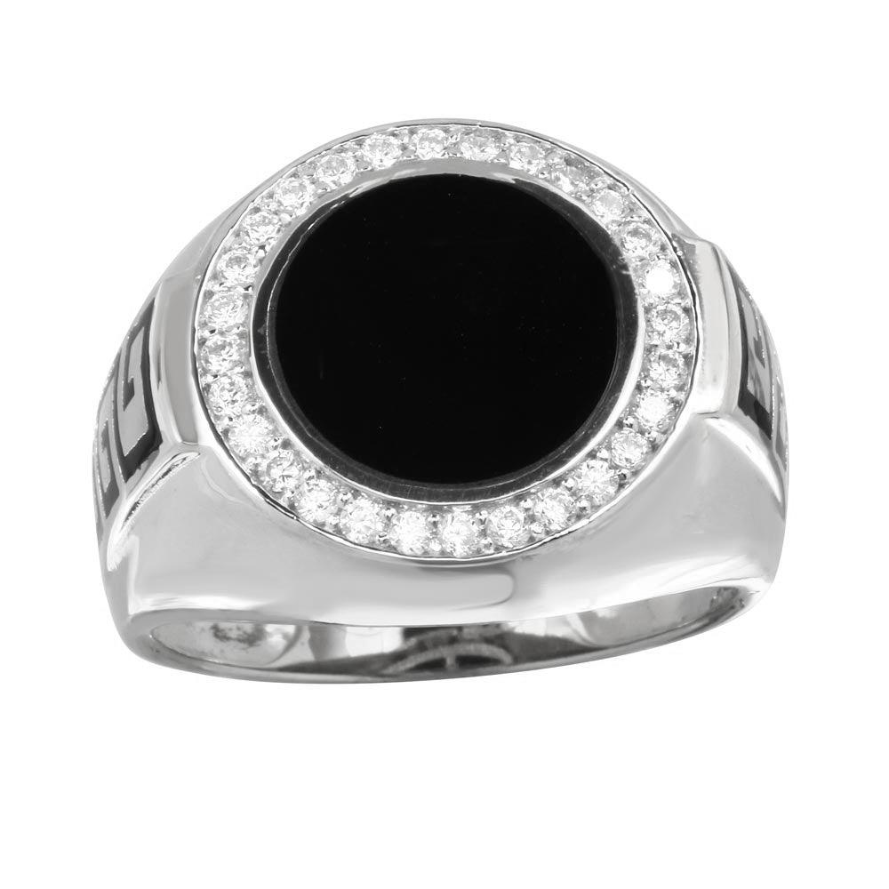 Rhodium Plated 925 Sterling Silver Men's Flat Round Onyx Ring CZ Band Sizes 9-12