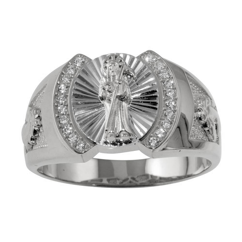 Rhodium Plated 925 Sterling Silver Santa Muerte Ring CZ Polished Band Sizes 9-12