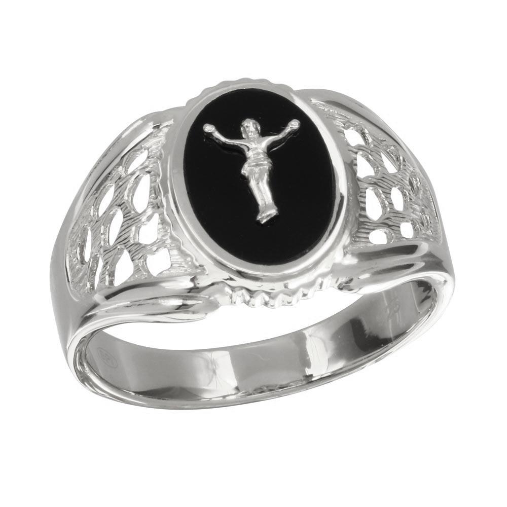 Rhodium Plated 925 Sterling Silver Black Oval Body of Christ Ring Sizes 9-12