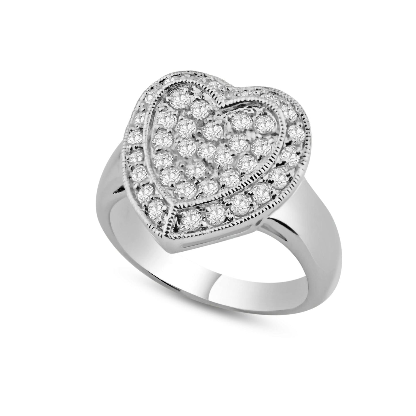 Rhodium Plated 925 Sterling Silver Pave Set Clear CZ Solid Heart Ring Sizes 5-9