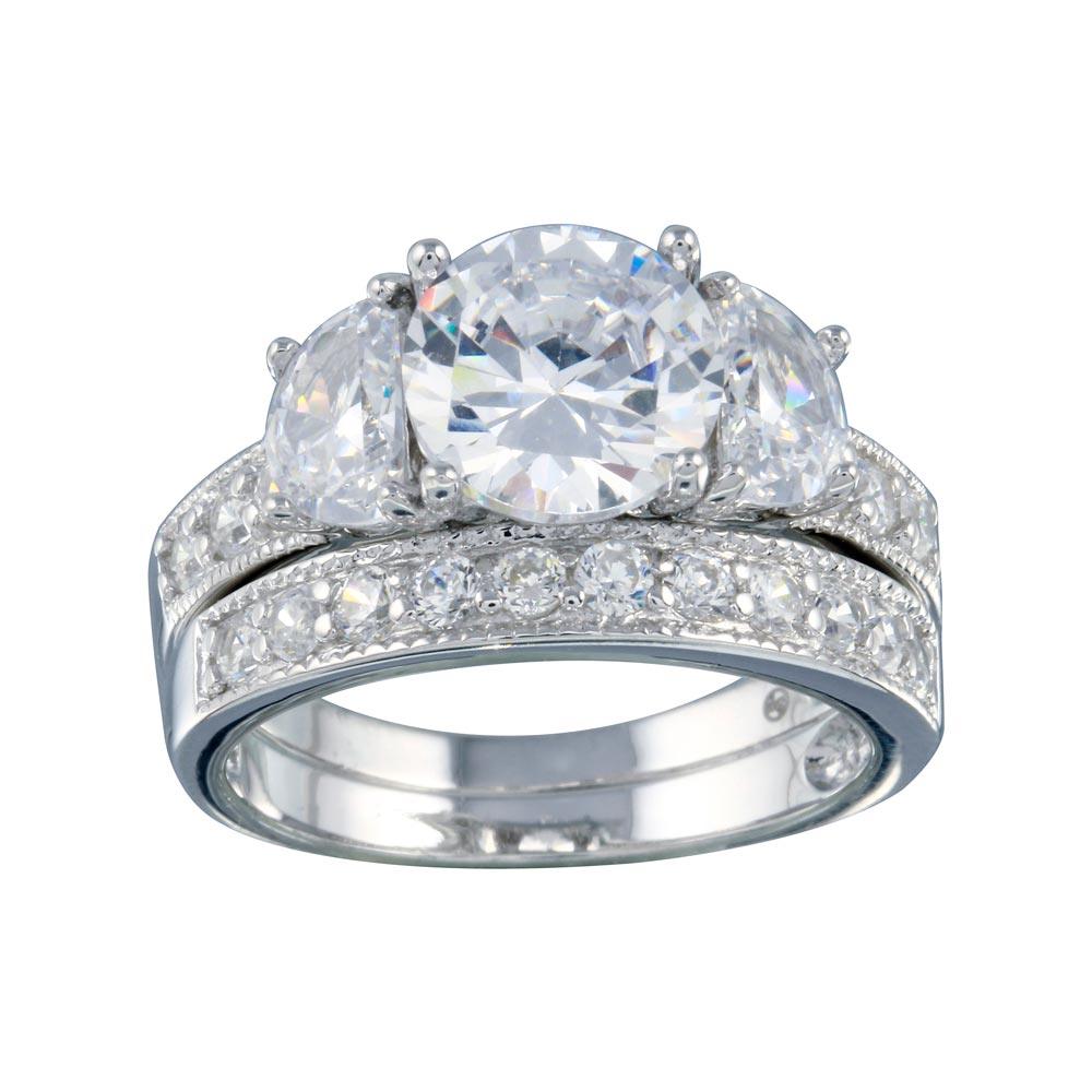 Rhodium Plated 925 Sterling Silver Clear Round CZ Bridal Ring Set Band Sizes 5-9