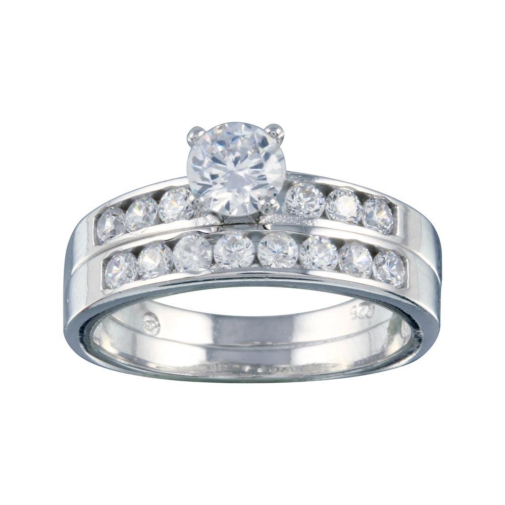 Rhodium Plated 925 Sterling Silver Clear CZ Bridal Ring Set Band Sizes 5-9