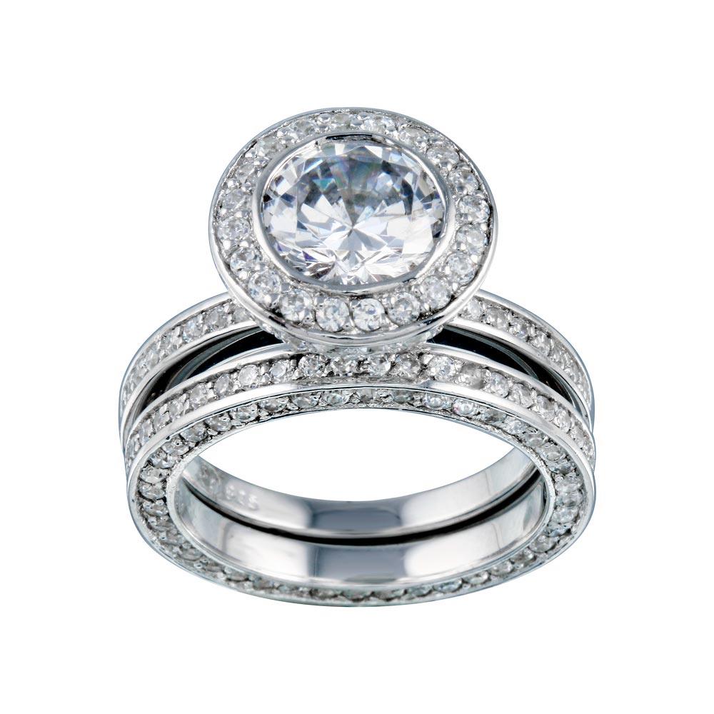 Rhodium Plated 925 Sterling Silver Clear CZ Round Bridal Band Ring Set Sizes 5-9