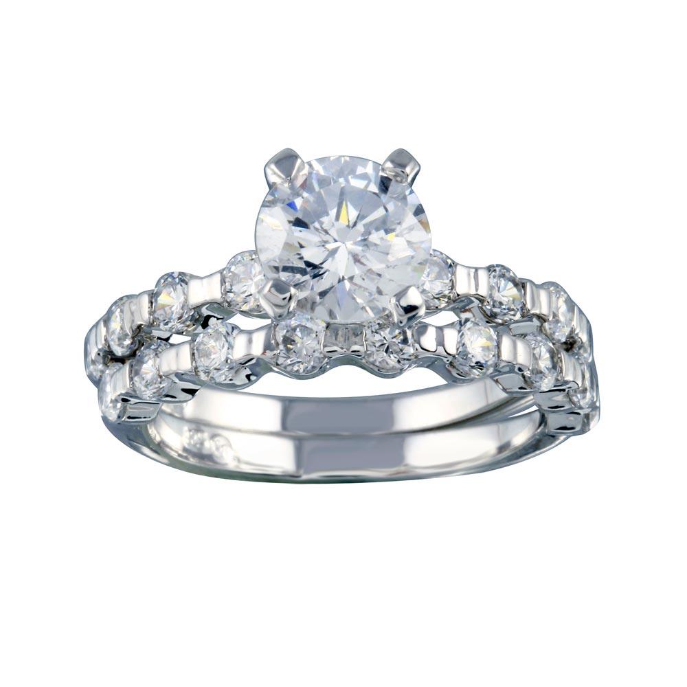 Rhodium Plated 925 Sterling Silver Clear Round CZ Bridal Band Ring Set Sizes 5-9