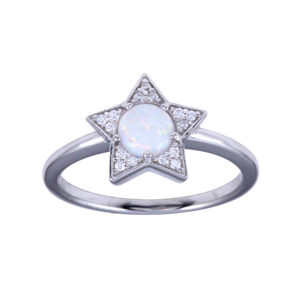 Rhodium Plated 925 Sterling Silver Synthetic Opal Star Clear CZ Ring Sizes 5-9