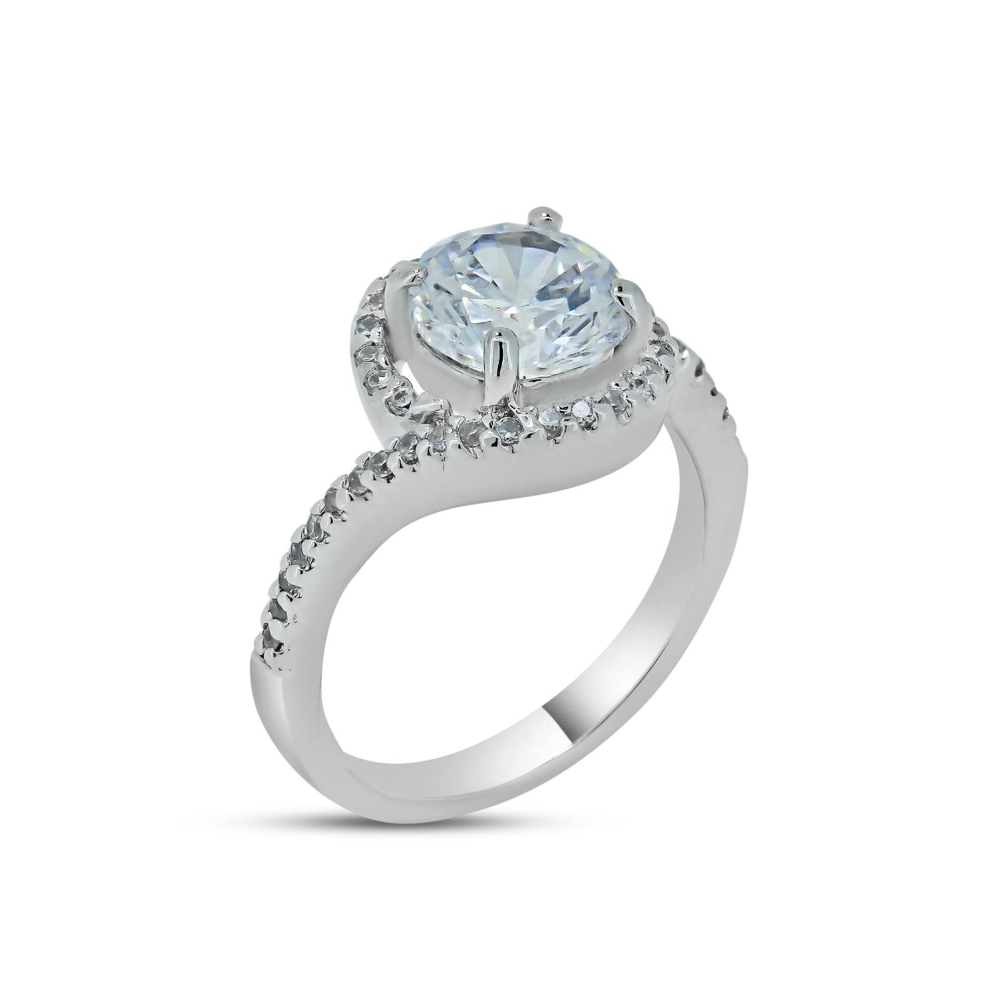 Rhodium Plated 925 Sterling Silver Clear Round Center CZ Bridal Ring Sizes 5-9