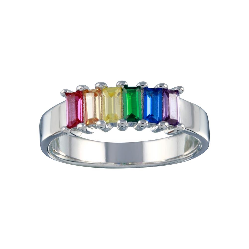Rhodium Plated 925 Sterling Silver Multicolor Baguette CZ Ring Sizes 5-9