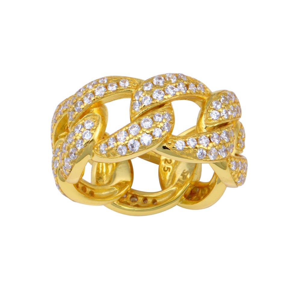 Gold Plated 925 Sterling Silver Miami Curb Link CZ Chain Band Ring Sizes 5-9