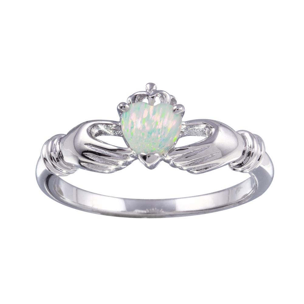 Rhodium Plated 925 Sterling Silver Claddagh Heart Synthetic Opal Ring Sizes 5-9