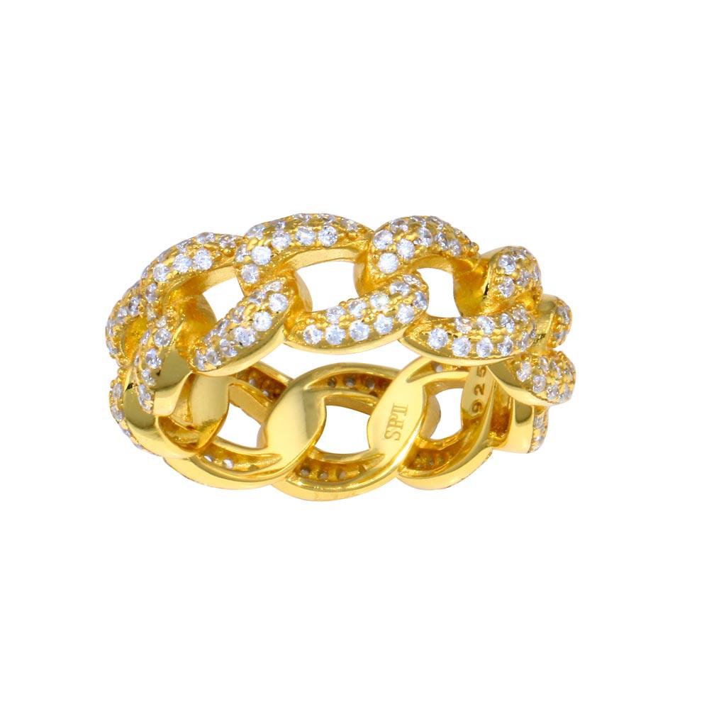 Gold Plated 925 Sterling Silver Curb Link Chain Band Clear CZ Ring Sizes 5-9