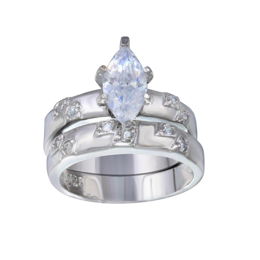 Rhodium Plated 925 Sterling Silver Marquise CZ Engagement Ring Set Sizes 9-9