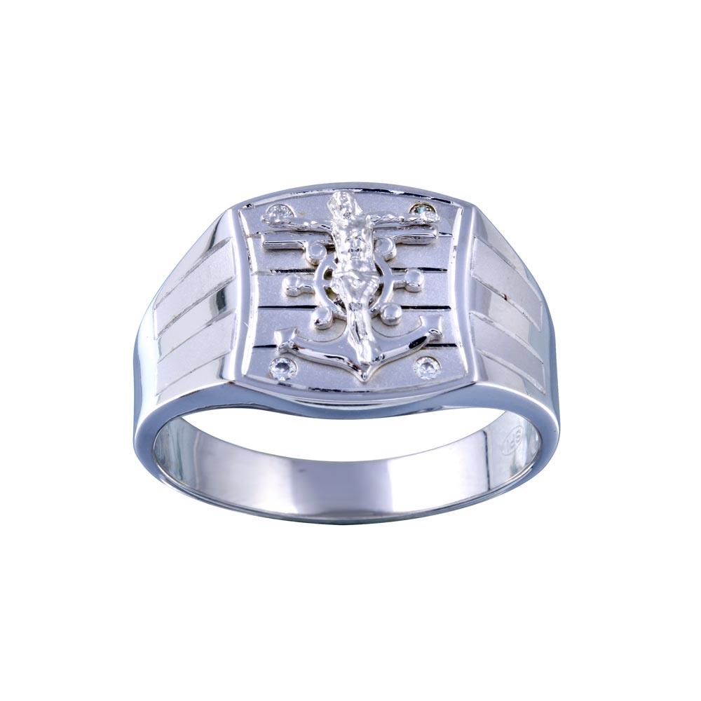 Rhodium Plated 925 Sterling Silver Crucifix Anchor CZ Hip Hop Ring Sizes 9-12