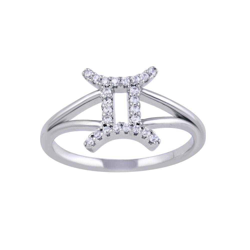 Rhodium Plated 925 Sterling Silver Gemini Clear CZ Zodiac Sign Ring Sizes 5-9