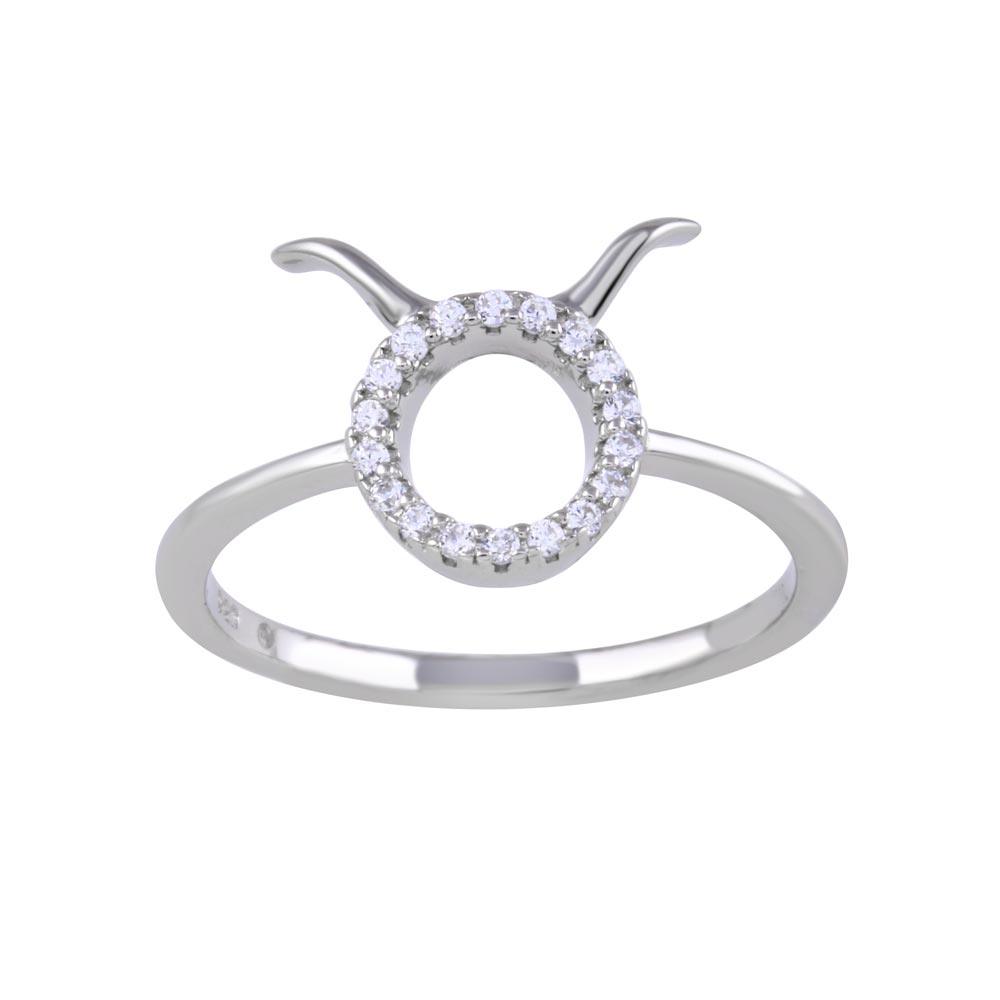 Rhodium Plated 925 Sterling Silver Taurus Clear CZ Zodiac Sign Ring Sizes 5-9