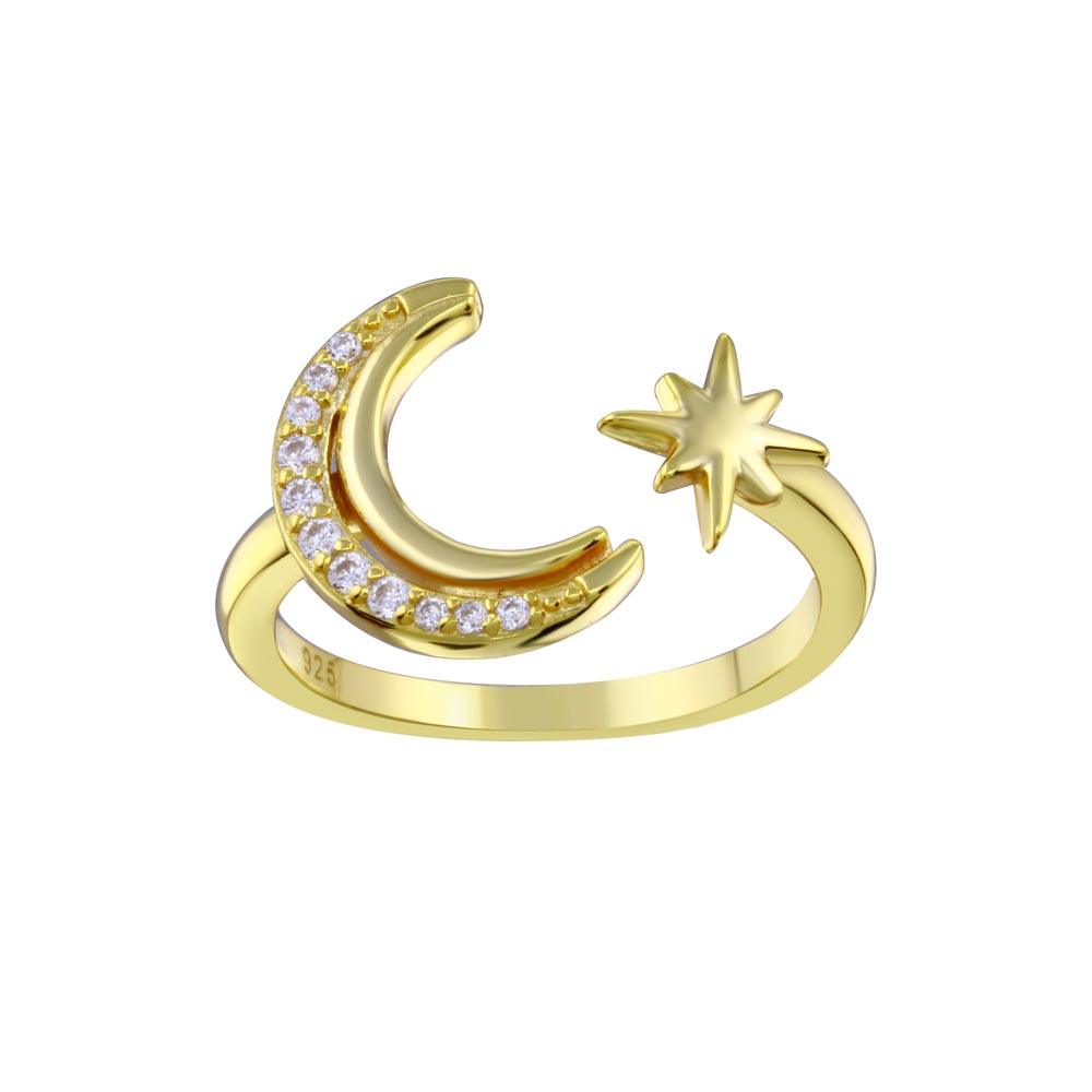 Gold Plated 925 Sterling Silver Crescent Moon & Star Clear CZ Ring Sizes 5-9