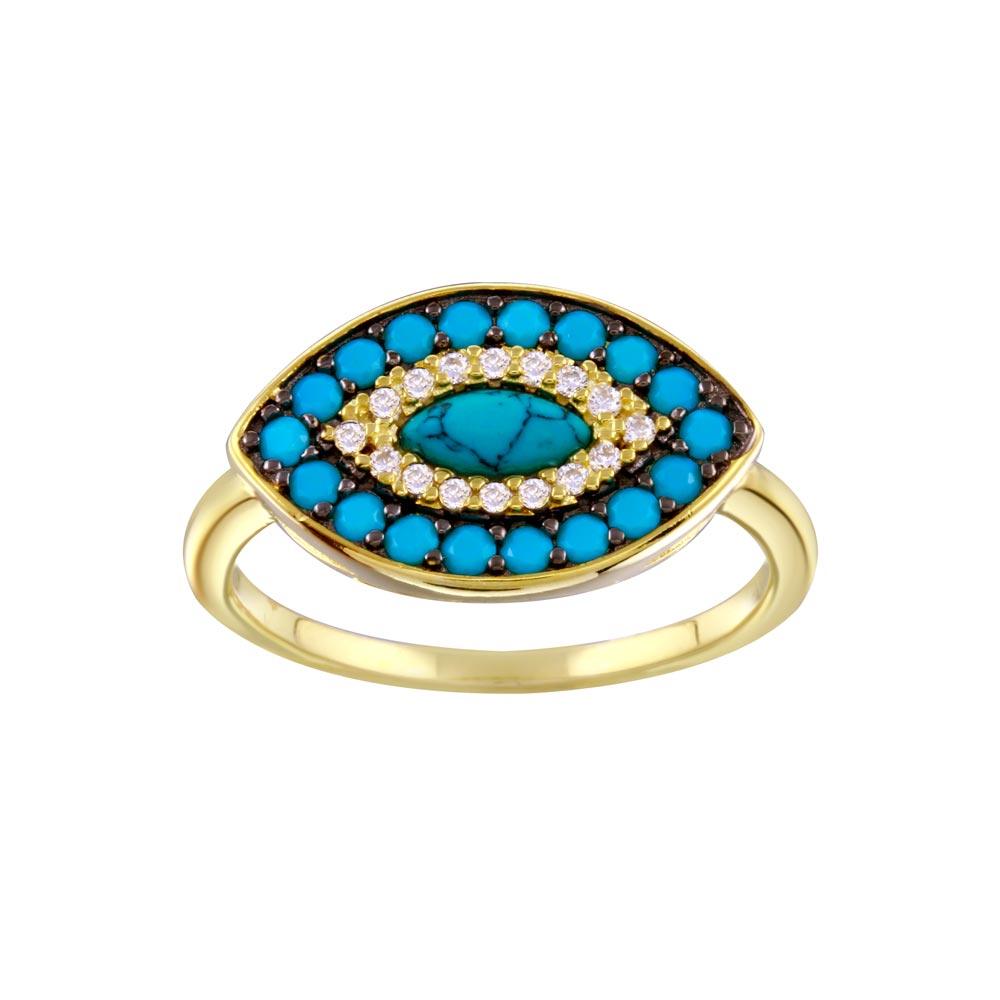 Gold Plated 925 Sterling Silver Simulated Turquoise Clear CZ Eye Ring Sizes 5-9