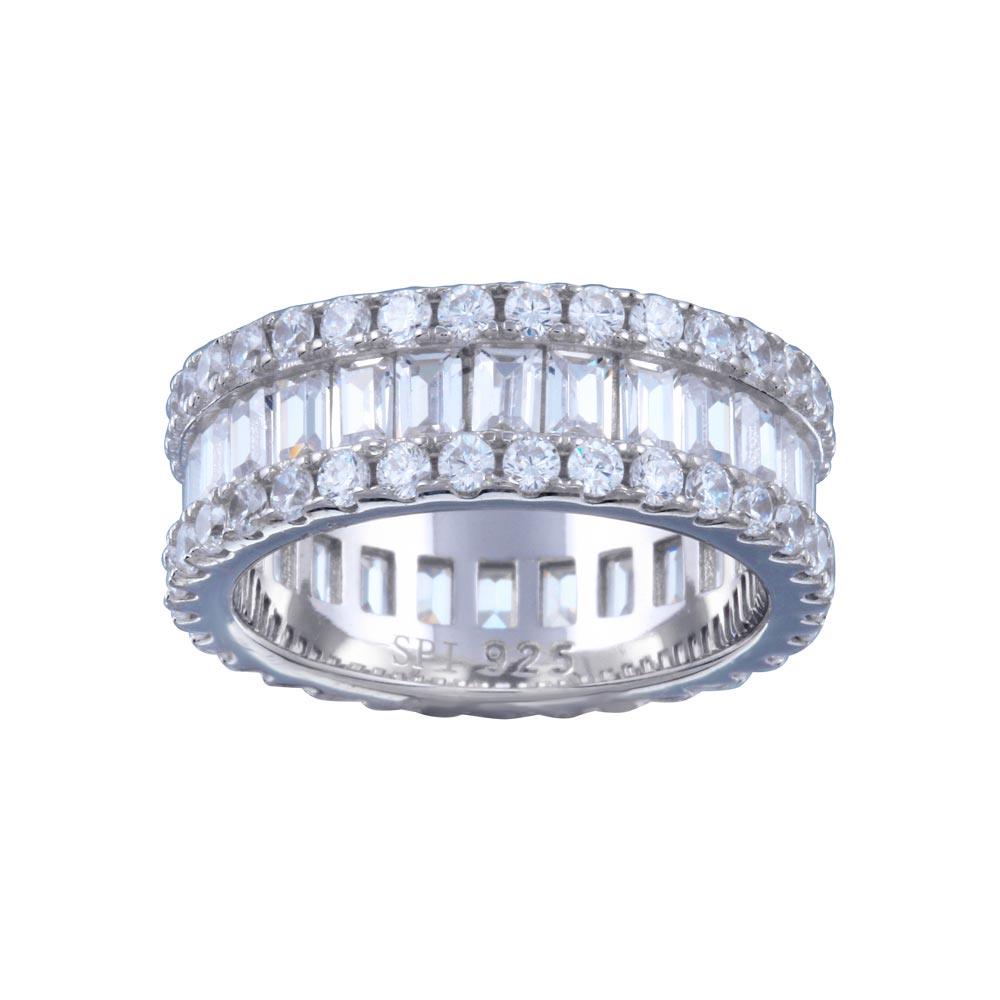 Rhodium Plated 925 Sterling Silver CZ Baguette Band Border Ring Sizes 5-9