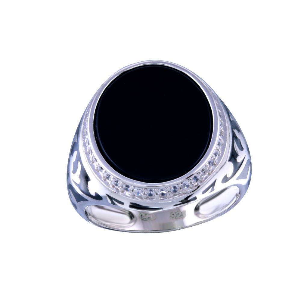 Rhodium Plated 925 Sterling Silver Men's Flat Oval Onyx Ring CZ Band Sizes 9-12